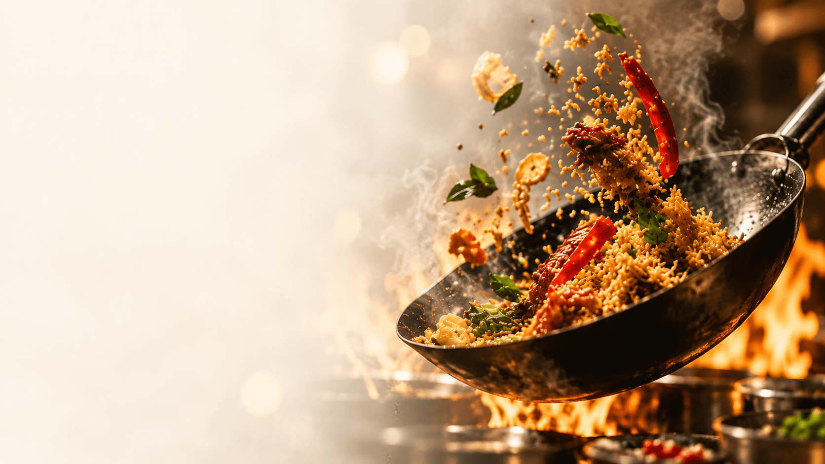 Cinematic live cooking with wok, flame and steam